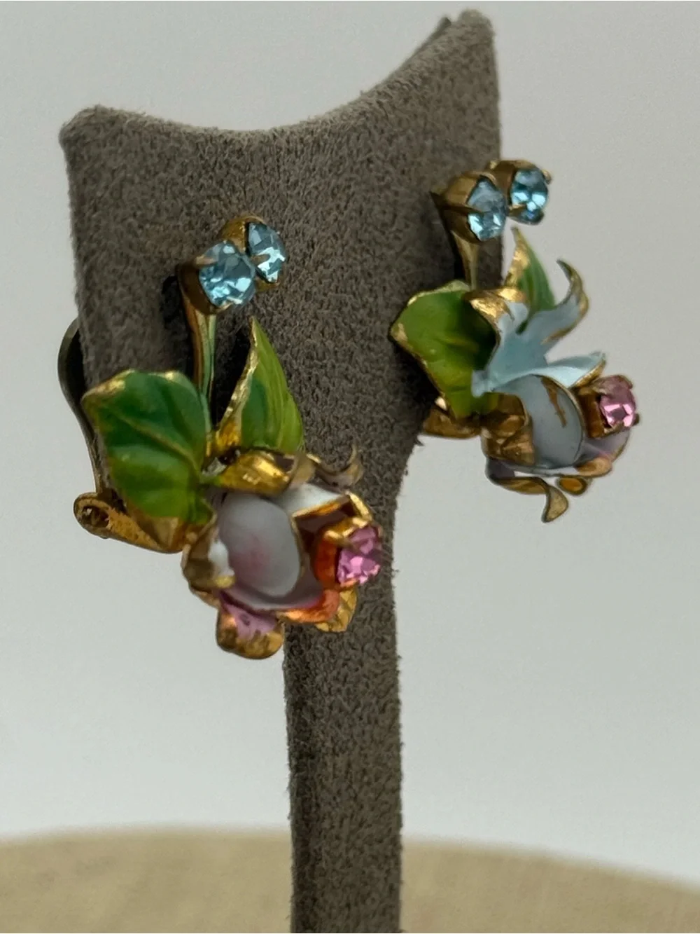 Vintage made in Austria Floral Enamel and Crystal Clip-On Earrings - Pink & Blue